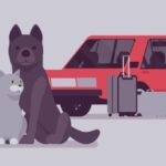 An animation of two dogs sitting in front of car with some suitcases